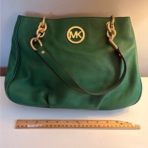 Michael Kors Emerald Green Leather Shoulder Tote with Gold Hardware